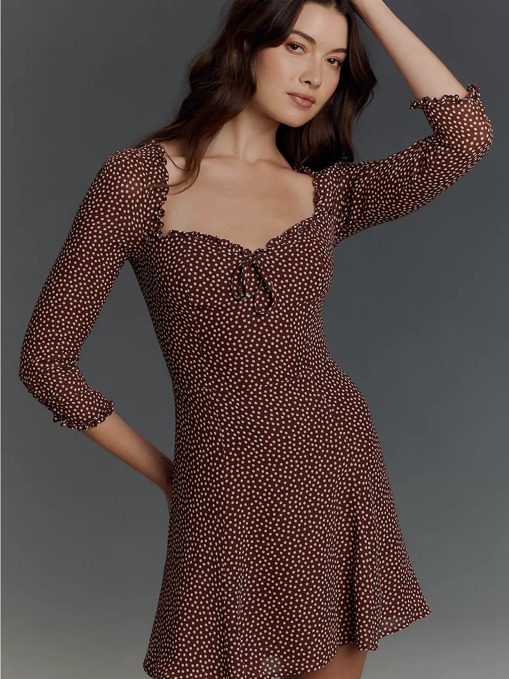 Reformation Brown Polka Dot Sweetheart Tie Mini Dress